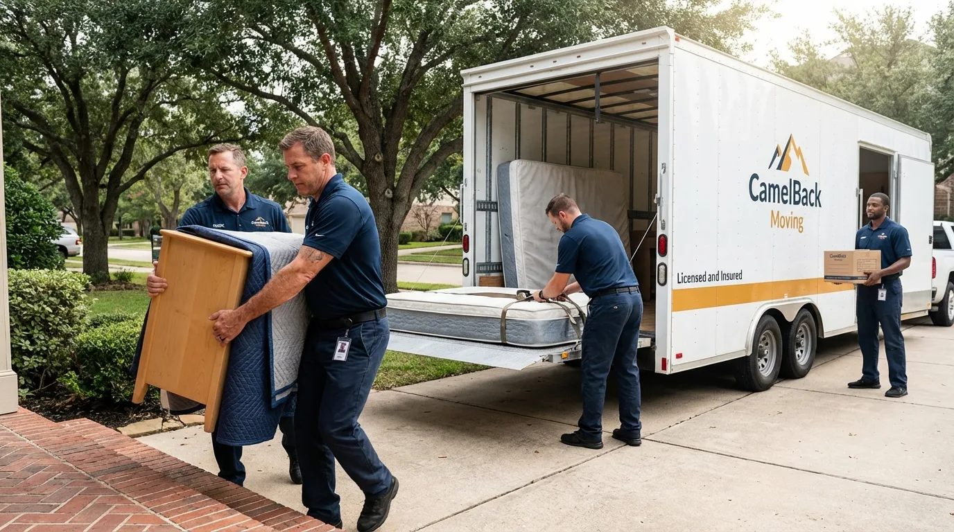 Crew loading residential truck for cross-state move from Alvarado, TX