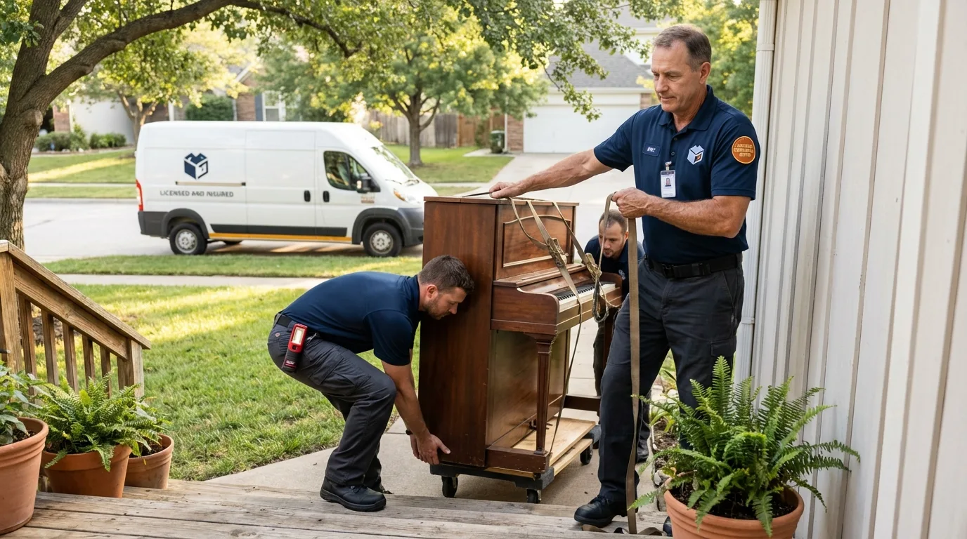 Licensed piano movers securing grand piano in Alvarado, TX