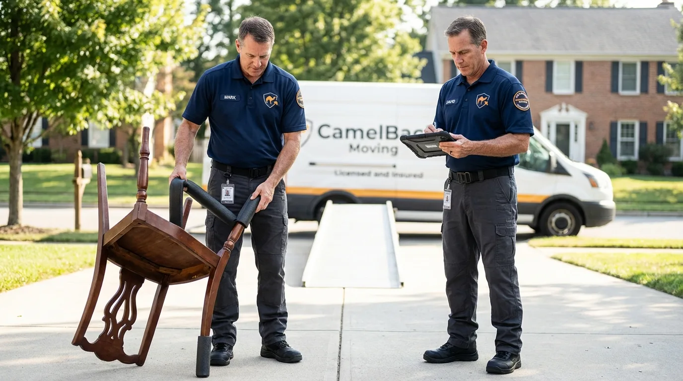 Movers inspecting furniture for damage prevention before loading in Alvarado, TX