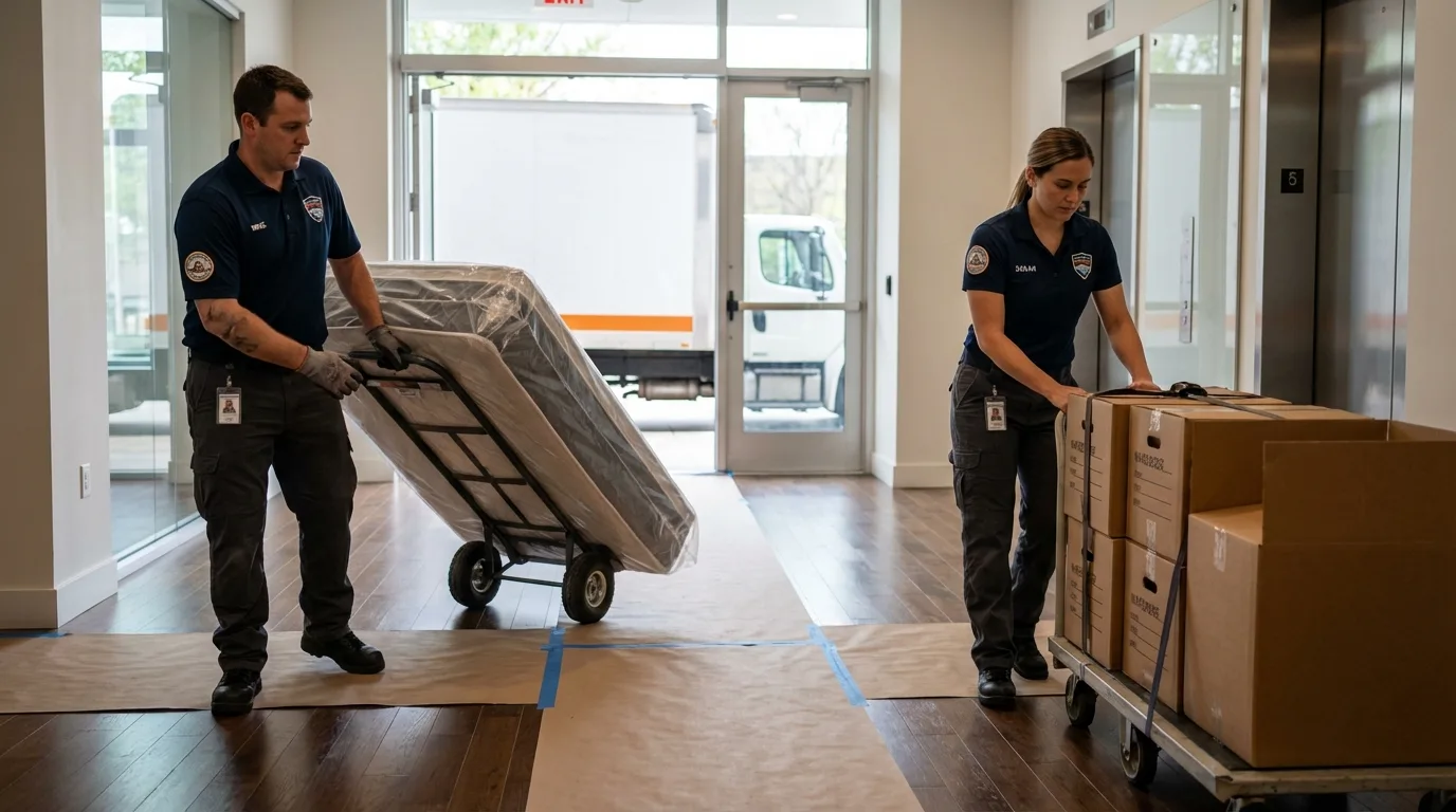 Professional apartment movers loading elevator in Alvarado, TX