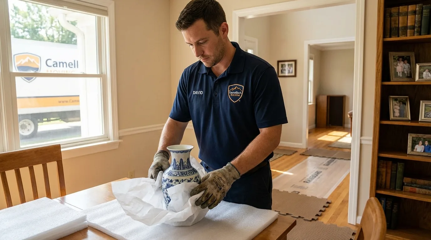 Professional crew carefully wrapping antique vase for senior downsizing move in Alvarado, TX